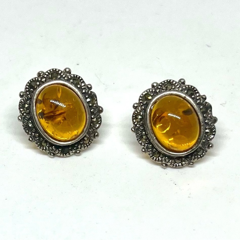 Vintage 925 Marcasite Baltic Amber Earrings